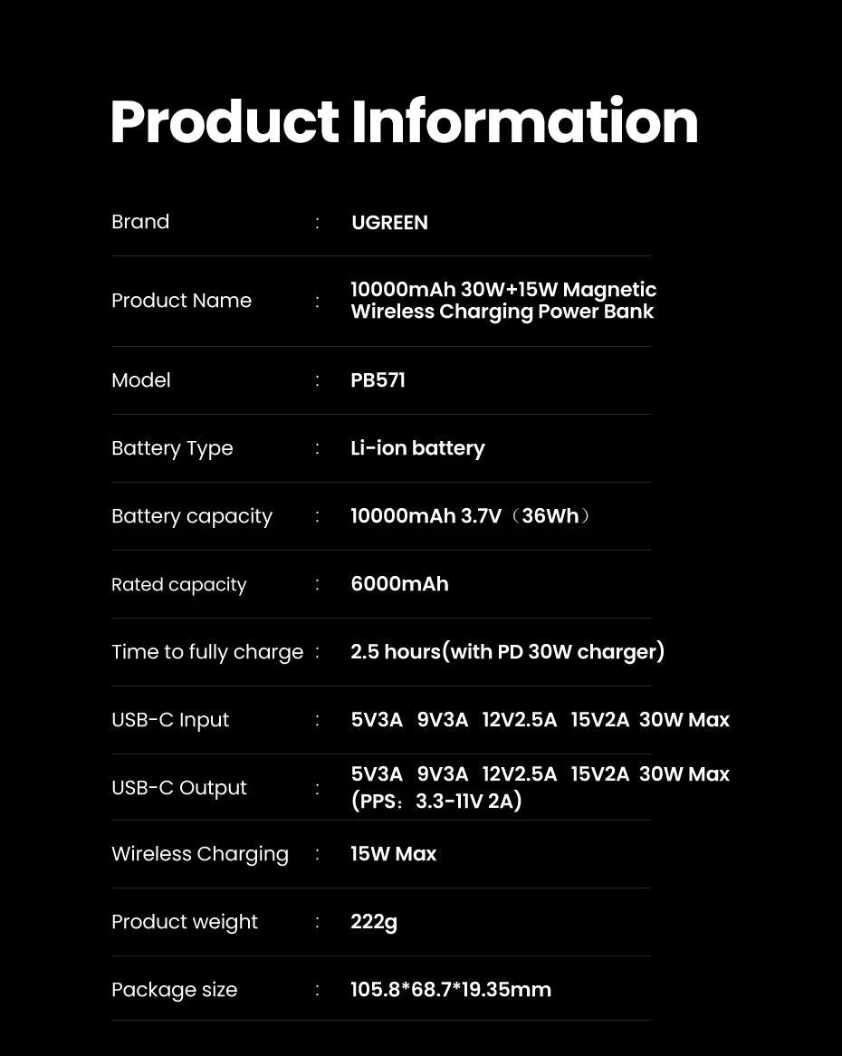 UGREEN Power Bank Magnetico 10000mAh Qi2 – Ricarica Wireless 15W + Cablata 30W/20W per iPhone 17 16 15 Pro Max