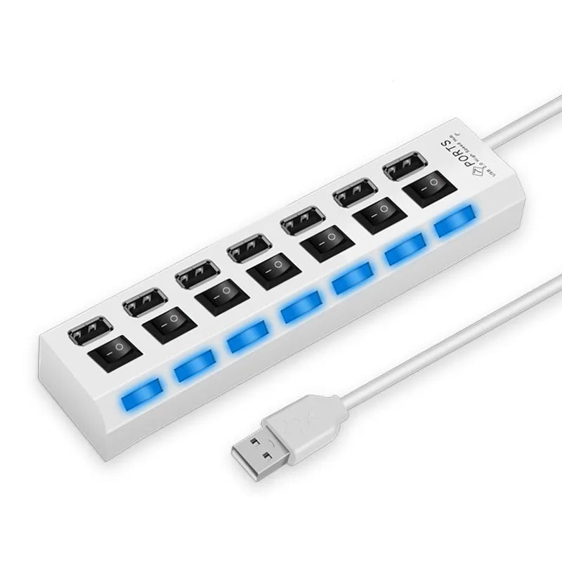 Hub USB 2.0 Alta Velocità 4/7 Porte con LED e Switch – Splitter per PC e Laptop | Nero o Bianco