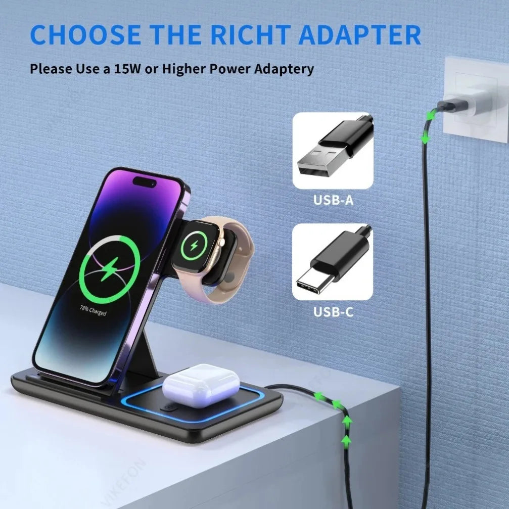 Stazione di Ricarica Wireless 3 in 1 Pieghevole – 15W | iPhone 17-12 + Apple Watch + AirPods