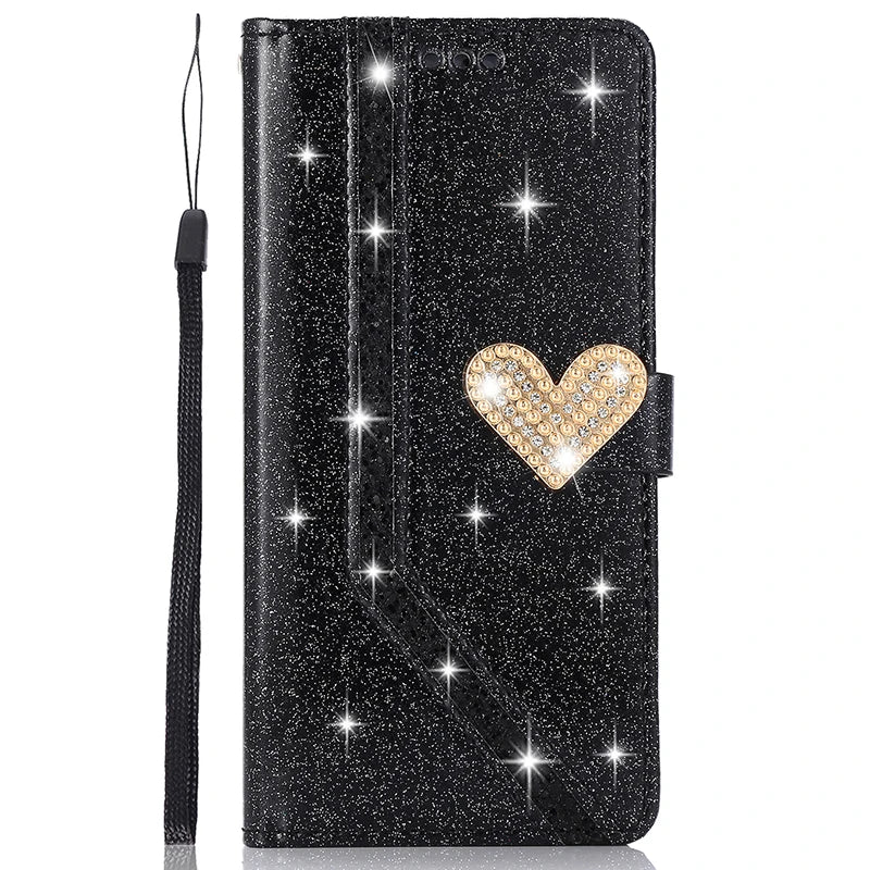Custodia Shiny con Portafoglio per iPhone 17 ProMax Air 16E 15 Plus 14 13 Pro Max 12 Mini 11 Pro XR XS Max – Cover Flip in Pelle con Glitter