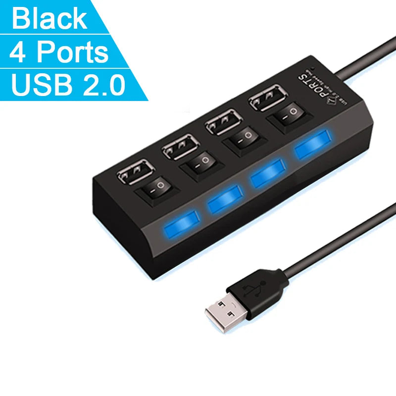 Hub USB 2.0 Alta Velocità 4/7 Porte con LED e Switch – Splitter per PC e Laptop | Nero o Bianco