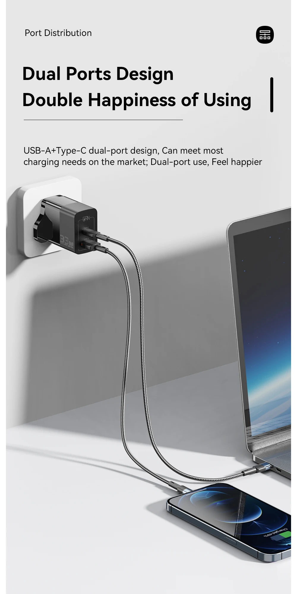 Caricatore USB-C GaN 33W Essager – Ricarica Rapida PD per iPhone 14 13 12 11 Pro Max, iPad, Xiaomi, Samsung