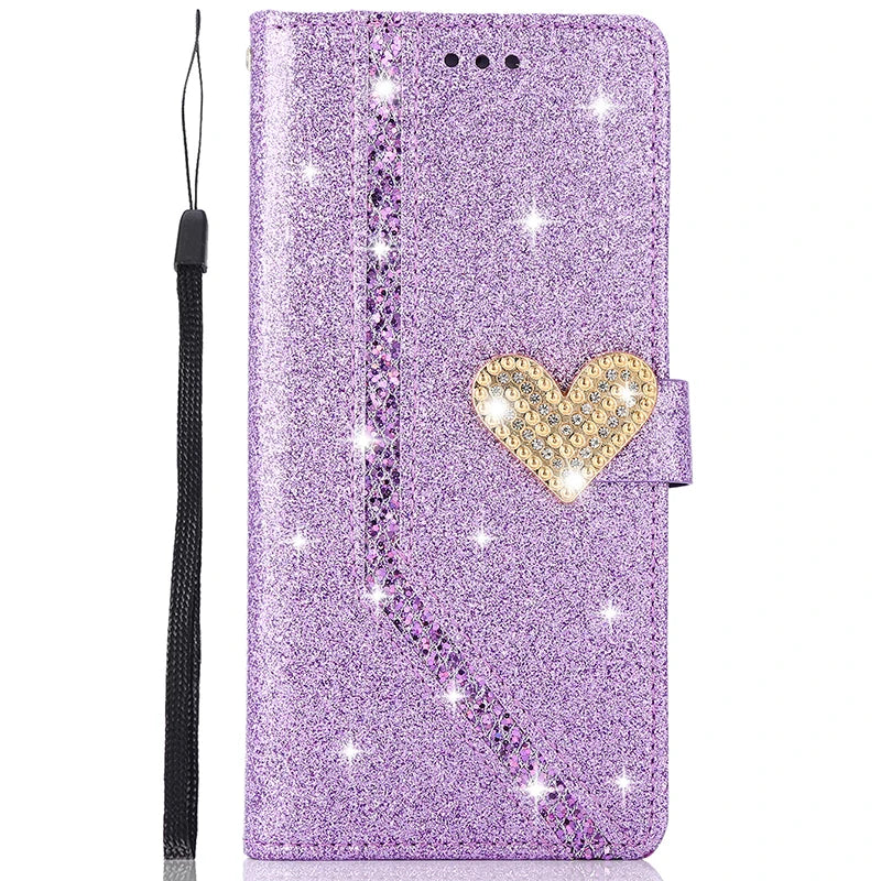 Custodia Shiny con Portafoglio per iPhone 17 ProMax Air 16E 15 Plus 14 13 Pro Max 12 Mini 11 Pro XR XS Max – Cover Flip in Pelle con Glitter