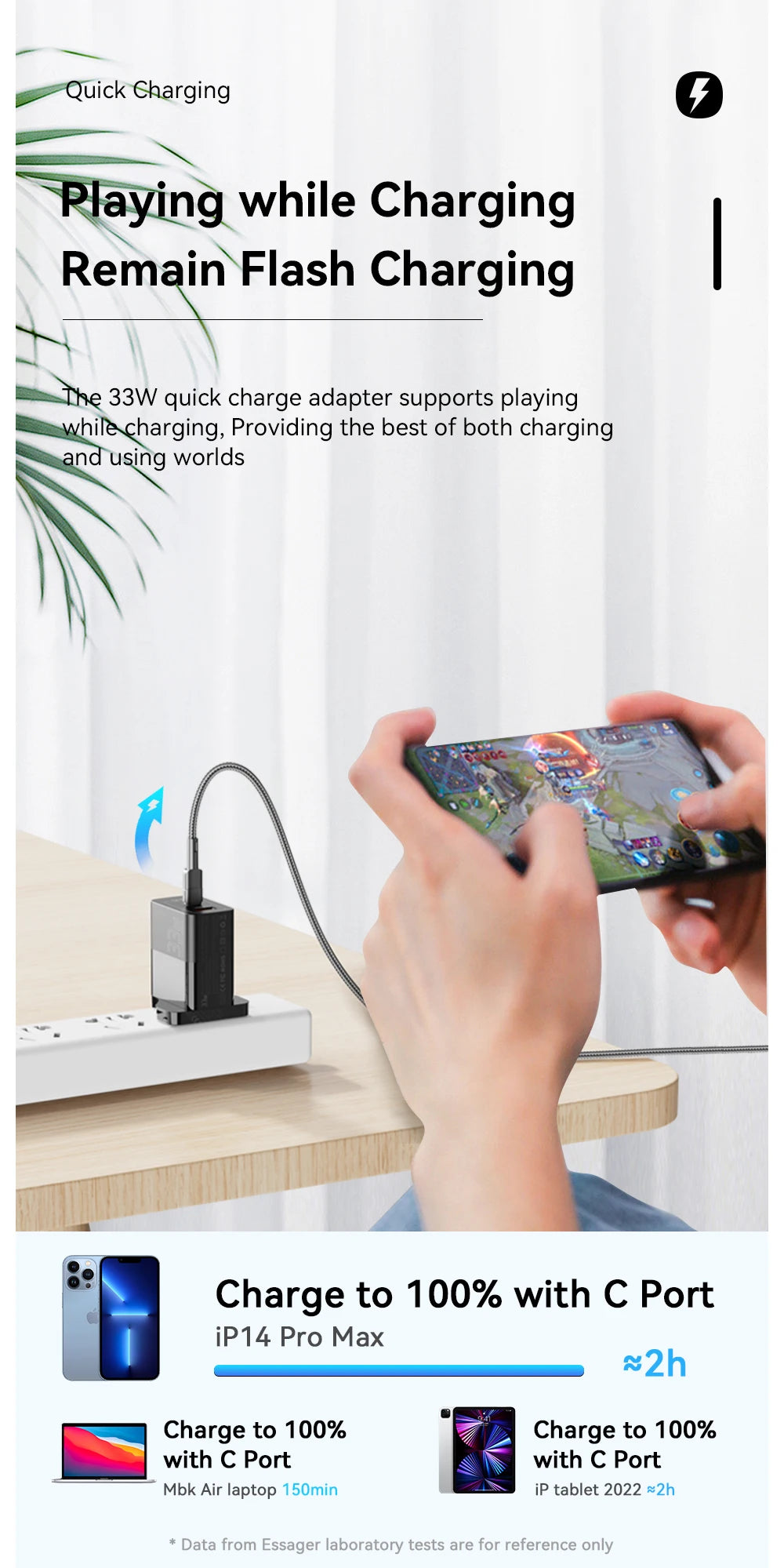 Caricatore USB-C GaN 33W Essager – Ricarica Rapida PD per iPhone 14 13 12 11 Pro Max, iPad, Xiaomi, Samsung