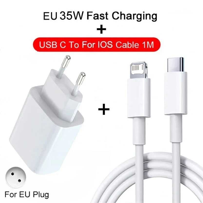 Caricatore USB-C PD 35W Ricarica Rapida per iPhone 15 14 13 12 11 Pro Max – Kit 2in1 con Cavo