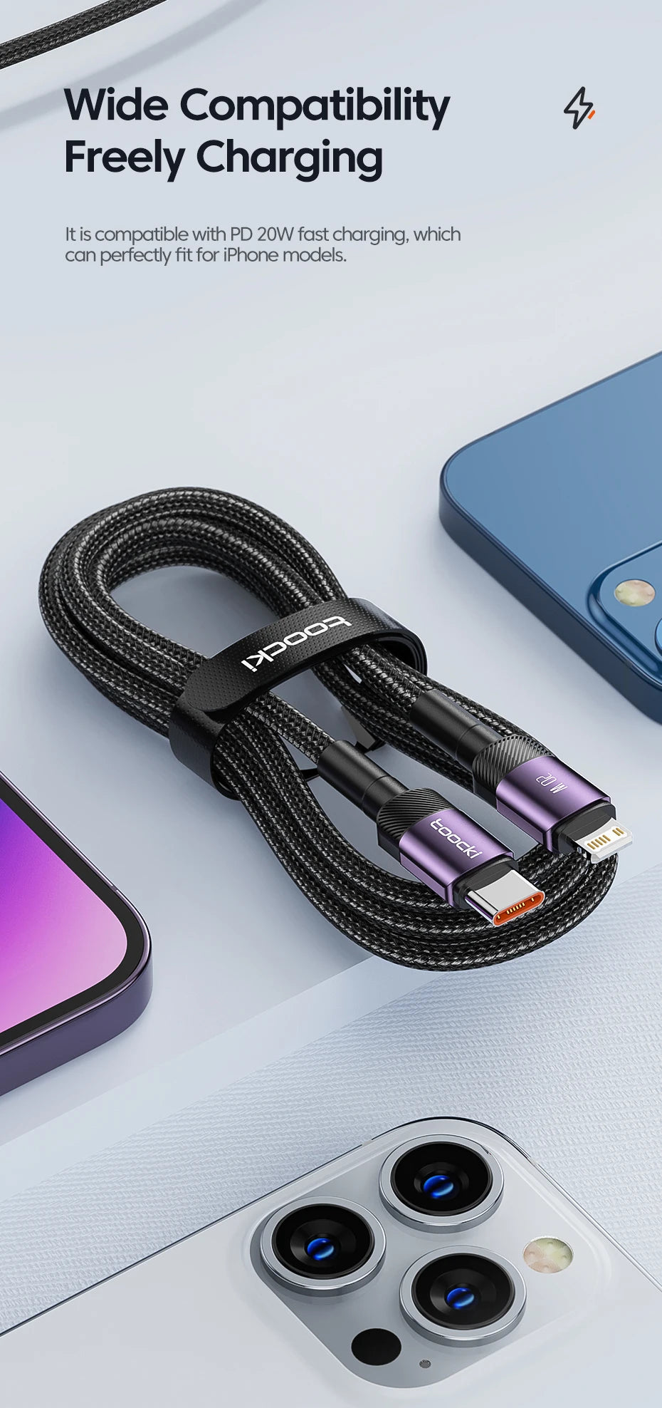 Cavo Toocki USB-C a Lightning PD 20W per iPhone 15 14 13 12 11 Pro XS 8 – Ricarica Rapida e Trasferimento Dati