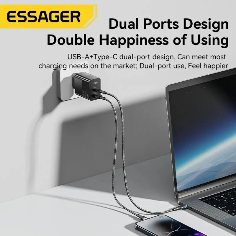Caricatore USB-C GaN 33W Essager – Ricarica Rapida PD per iPhone 14 13 12 11 Pro Max, iPad, Xiaomi, Samsung