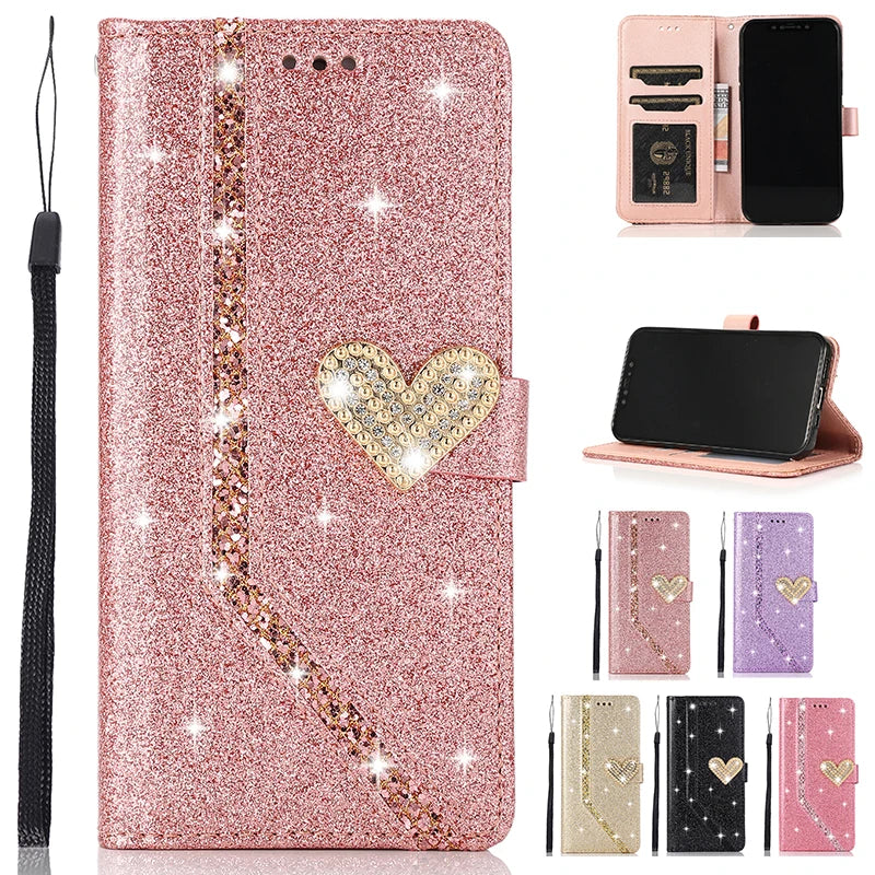 Custodia Shiny con Portafoglio per iPhone 17 ProMax Air 16E 15 Plus 14 13 Pro Max 12 Mini 11 Pro XR XS Max – Cover Flip in Pelle con Glitter