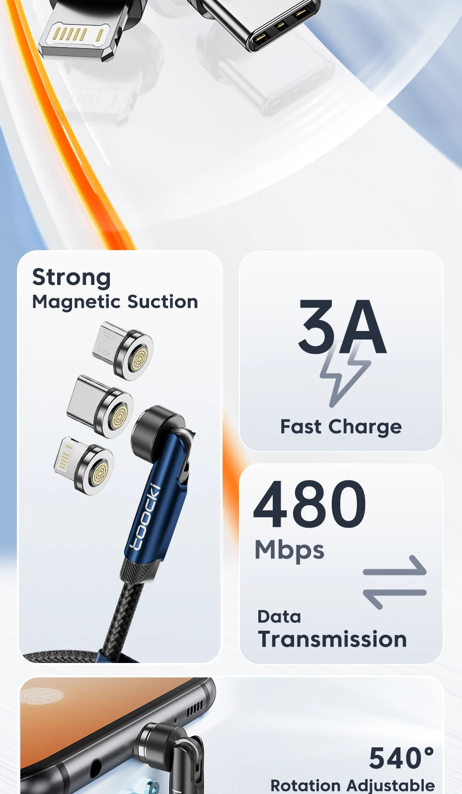 Cavo Magnetico Toocki 540° Rotante – Ricarica Rapida 3A | USB-C, Lightning, Micro USB | 1m o 2m