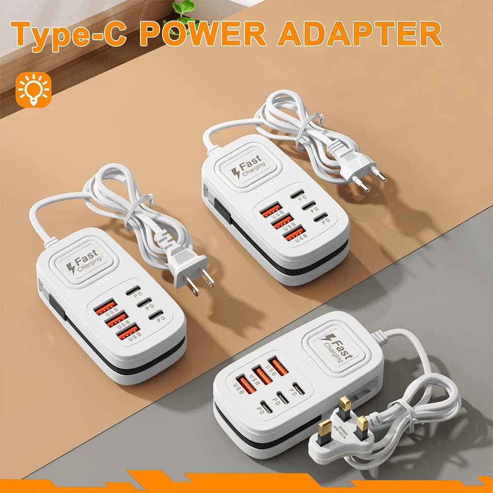 Ciabatta USB 6 Porte con Ricarica Rapida – 3 USB + 3 USB-C | Spina EU/UK/US