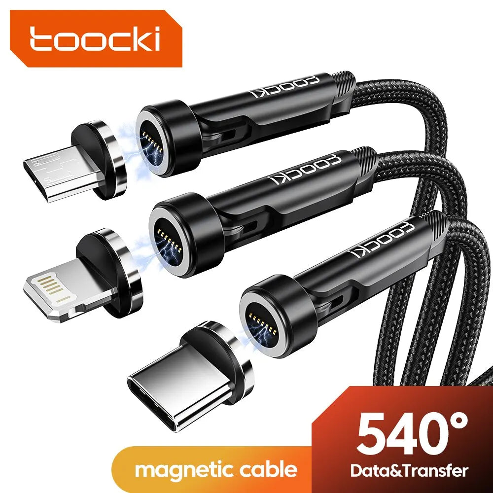 Cavo Magnetico Toocki 540° Rotante – Ricarica Rapida 3A | USB-C, Lightning, Micro USB | 1m o 2m