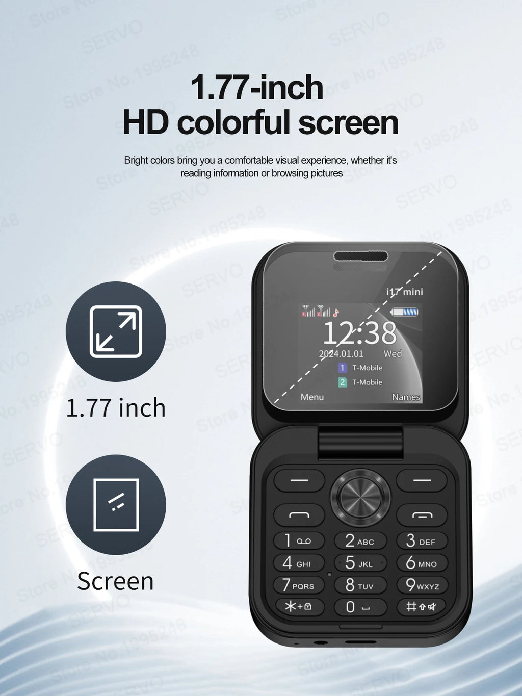 SERVO i17 Mini Telefono Pieghevole Dual SIM 2G – Schermo 1,77”, Bluetooth, Radio FM, Torcia, USB-C