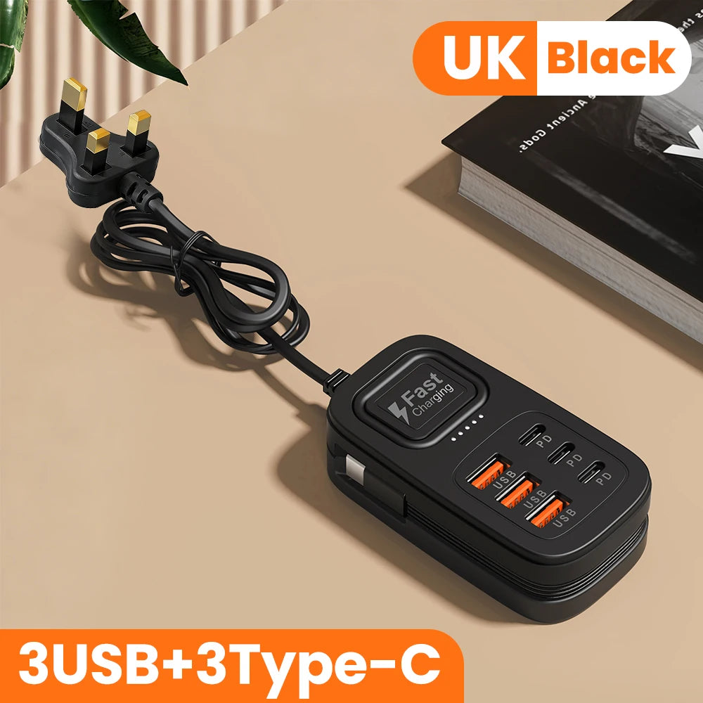 Ciabatta USB 6 Porte con Ricarica Rapida – 3 USB + 3 USB-C | Spina EU/UK/US