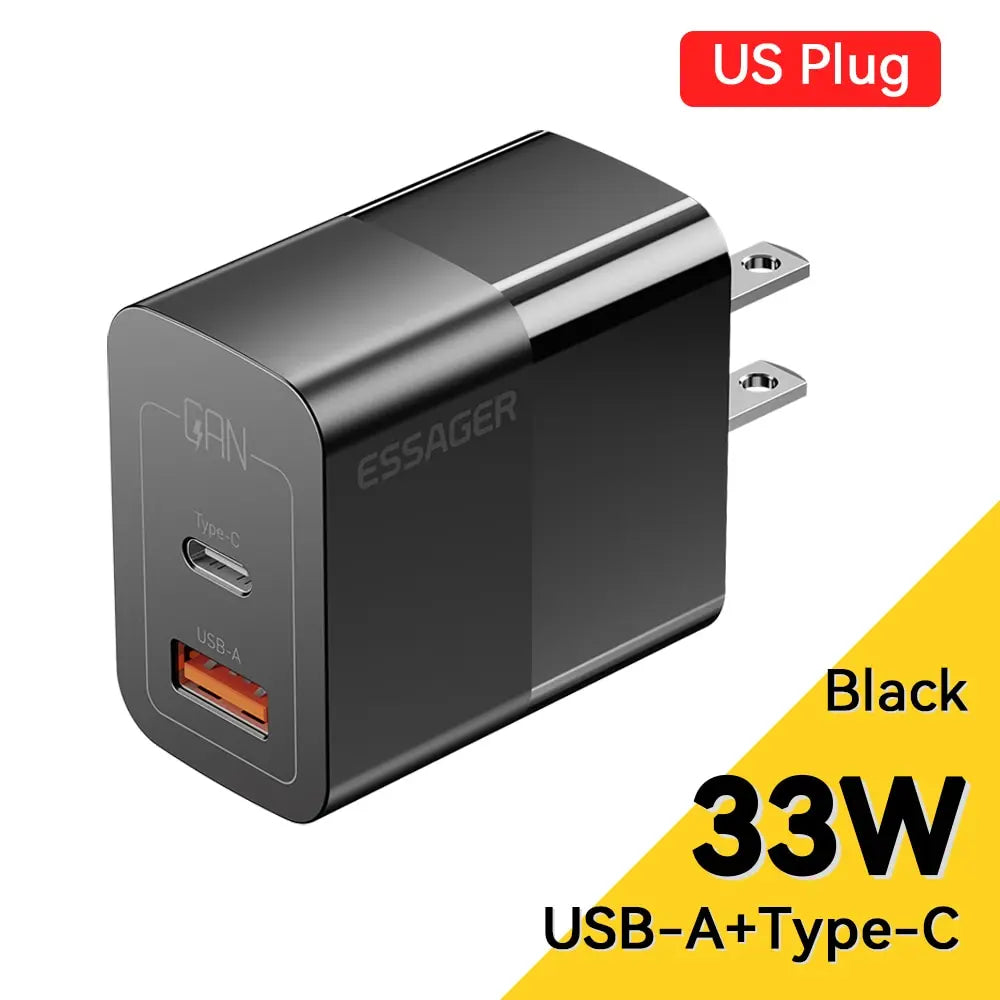 Caricatore USB-C GaN 33W Essager – Ricarica Rapida PD per iPhone 14 13 12 11 Pro Max, iPad, Xiaomi, Samsung