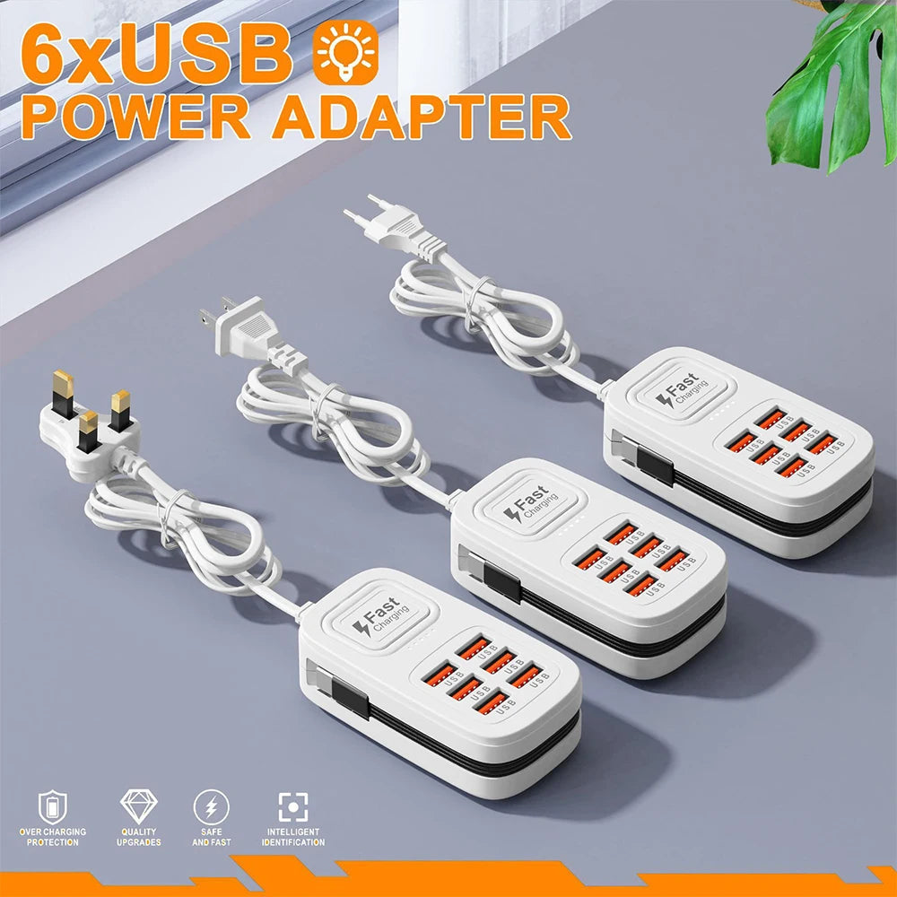 Ciabatta USB 6 Porte con Ricarica Rapida – 3 USB + 3 USB-C | Spina EU/UK/US