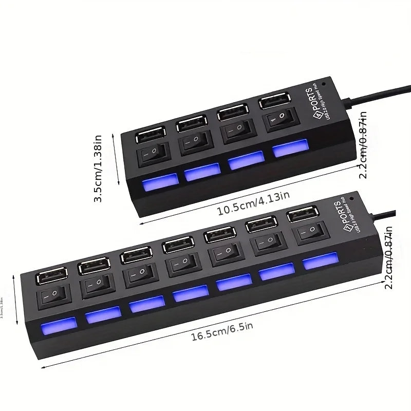 Hub USB 2.0 Alta Velocità 4/7 Porte con LED e Switch – Splitter per PC e Laptop | Nero o Bianco