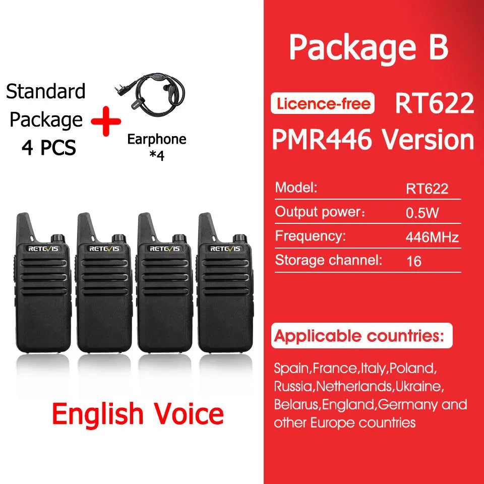 Retevis RT622 Mini Walkie Talkie – Set da 4 Pz PMR446/FRS Radio Portatile per Hotel, Ristorante, Campeggio