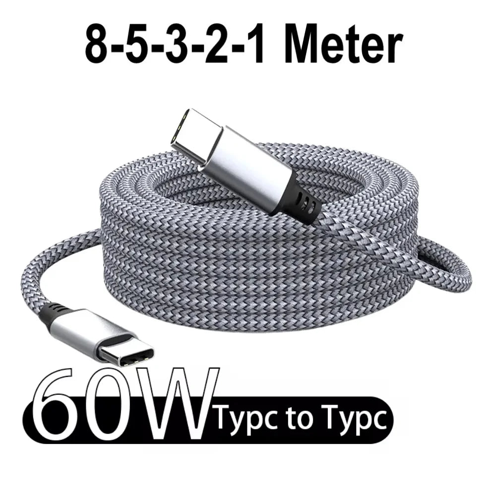 Cavo USB-C a USB-C 60W PD Ricarica Rapida – Nylon Intrecciato 1m 2m 3m 5m 8m per iPhone 15 16 Xiaomi Samsung
