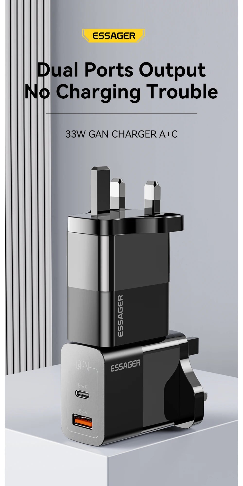 Caricatore USB-C GaN 33W Essager – Ricarica Rapida PD per iPhone 14 13 12 11 Pro Max, iPad, Xiaomi, Samsung