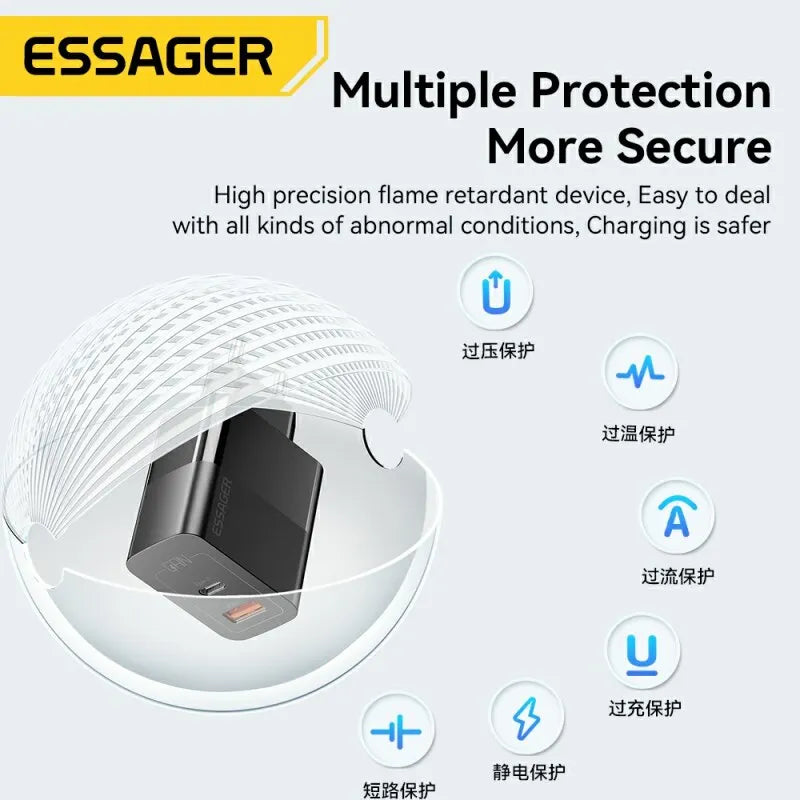 Caricatore USB-C GaN 33W Essager – Ricarica Rapida PD per iPhone 14 13 12 11 Pro Max, iPad, Xiaomi, Samsung
