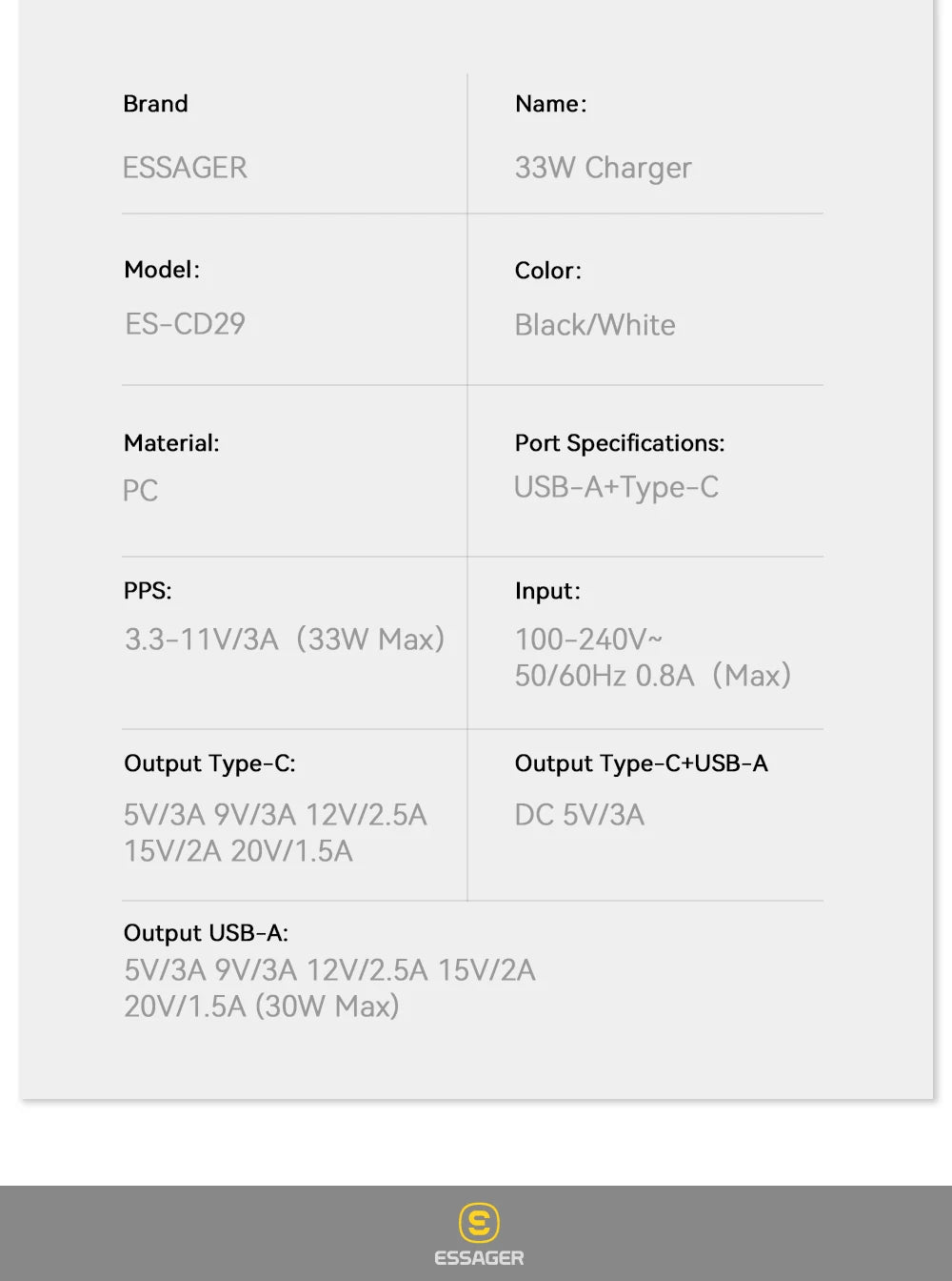 Caricatore USB-C GaN 33W Essager – Ricarica Rapida PD per iPhone 14 13 12 11 Pro Max, iPad, Xiaomi, Samsung