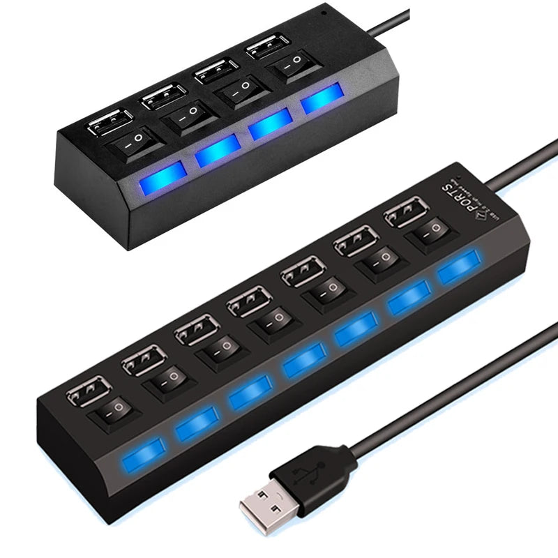 Hub USB 2.0 Alta Velocità 4/7 Porte con LED e Switch – Splitter per PC e Laptop | Nero o Bianco