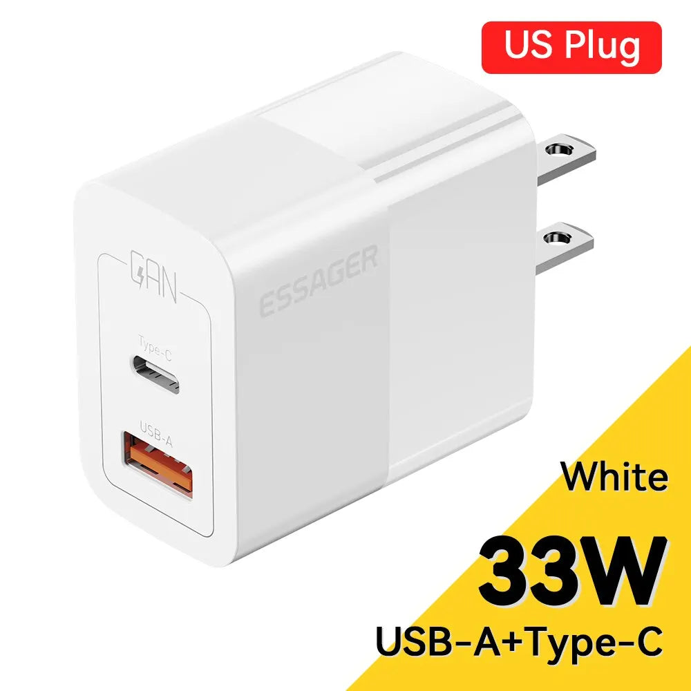 Caricatore USB-C GaN 33W Essager – Ricarica Rapida PD per iPhone 14 13 12 11 Pro Max, iPad, Xiaomi, Samsung