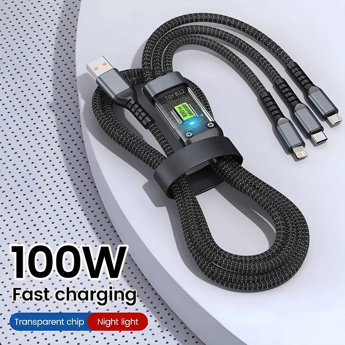 Cavo di Ricarica Rapida 100W 3 in 1 – USB-C, Lightning, Micro USB | Nylon Intrecciato