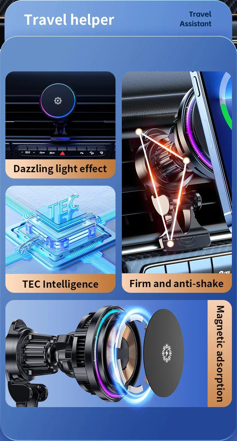 Caricatore Auto Magnetico MagSafe con Raffreddamento Ice Cooling – iPhone 12 / 13 / 14 / 15 / 16 Pro Max, Supporto con Luci RGB