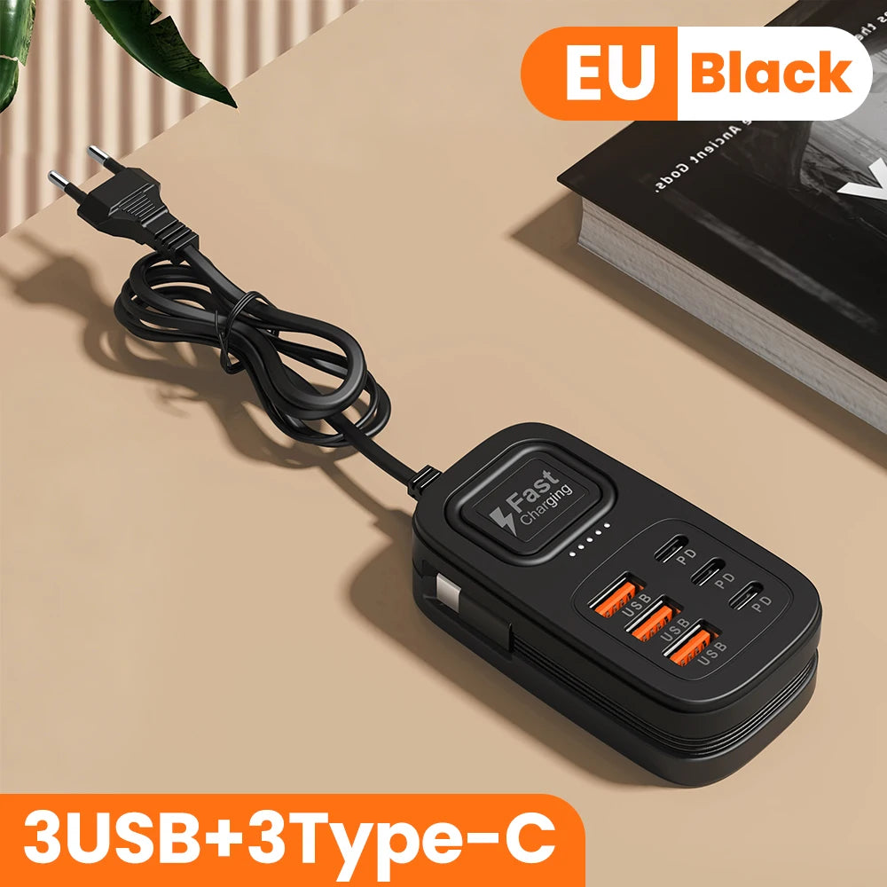 Ciabatta USB 6 Porte con Ricarica Rapida – 3 USB + 3 USB-C | Spina EU/UK/US
