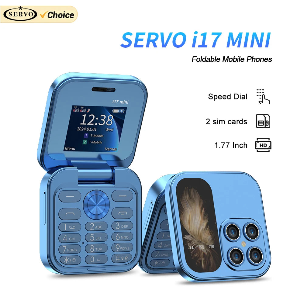 SERVO i17 Mini Telefono Pieghevole Dual SIM 2G – Schermo 1,77”, Bluetooth, Radio FM, Torcia, USB-C