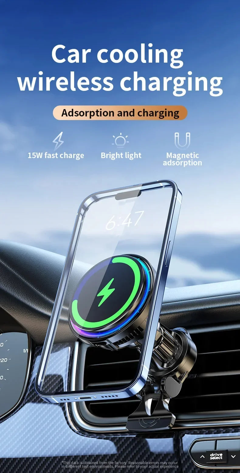 Caricatore Auto Magnetico MagSafe con Raffreddamento Ice Cooling – iPhone 12 / 13 / 14 / 15 / 16 Pro Max, Supporto con Luci RGB