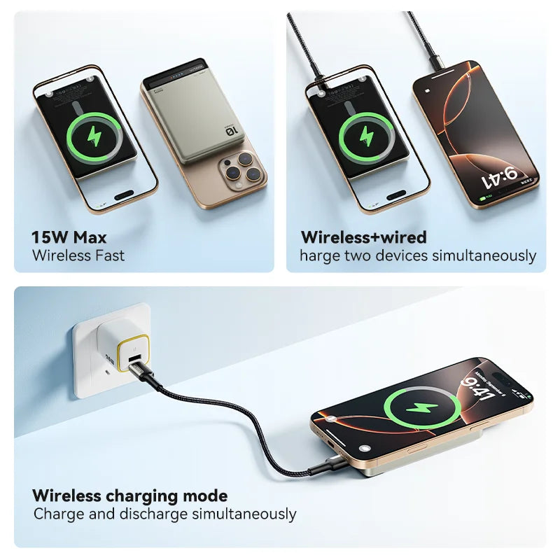 KUULAA Power Bank Magnetico 10000mAh – Ricarica Wireless 15W + Cablata 20W per iPhone 16 15 14 Pro Max MagSafe