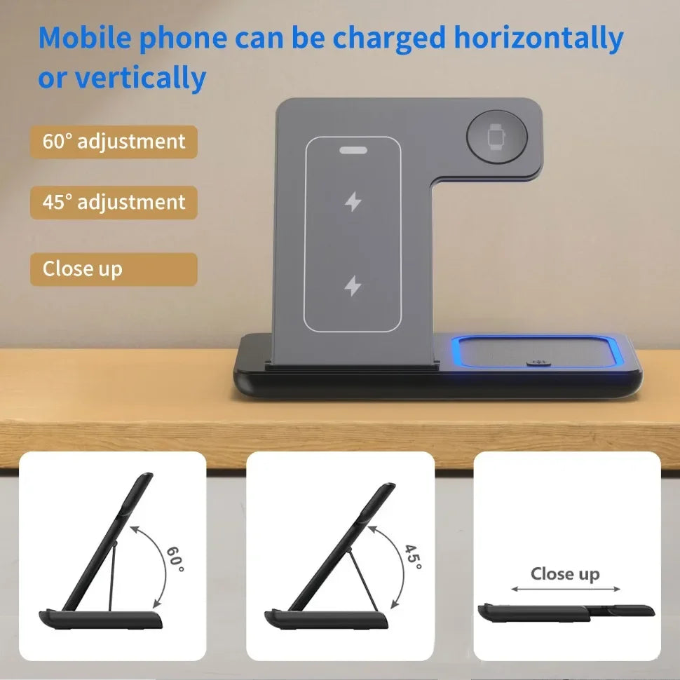 Stazione di Ricarica Wireless 3 in 1 Pieghevole – 15W | iPhone 17-12 + Apple Watch + AirPods