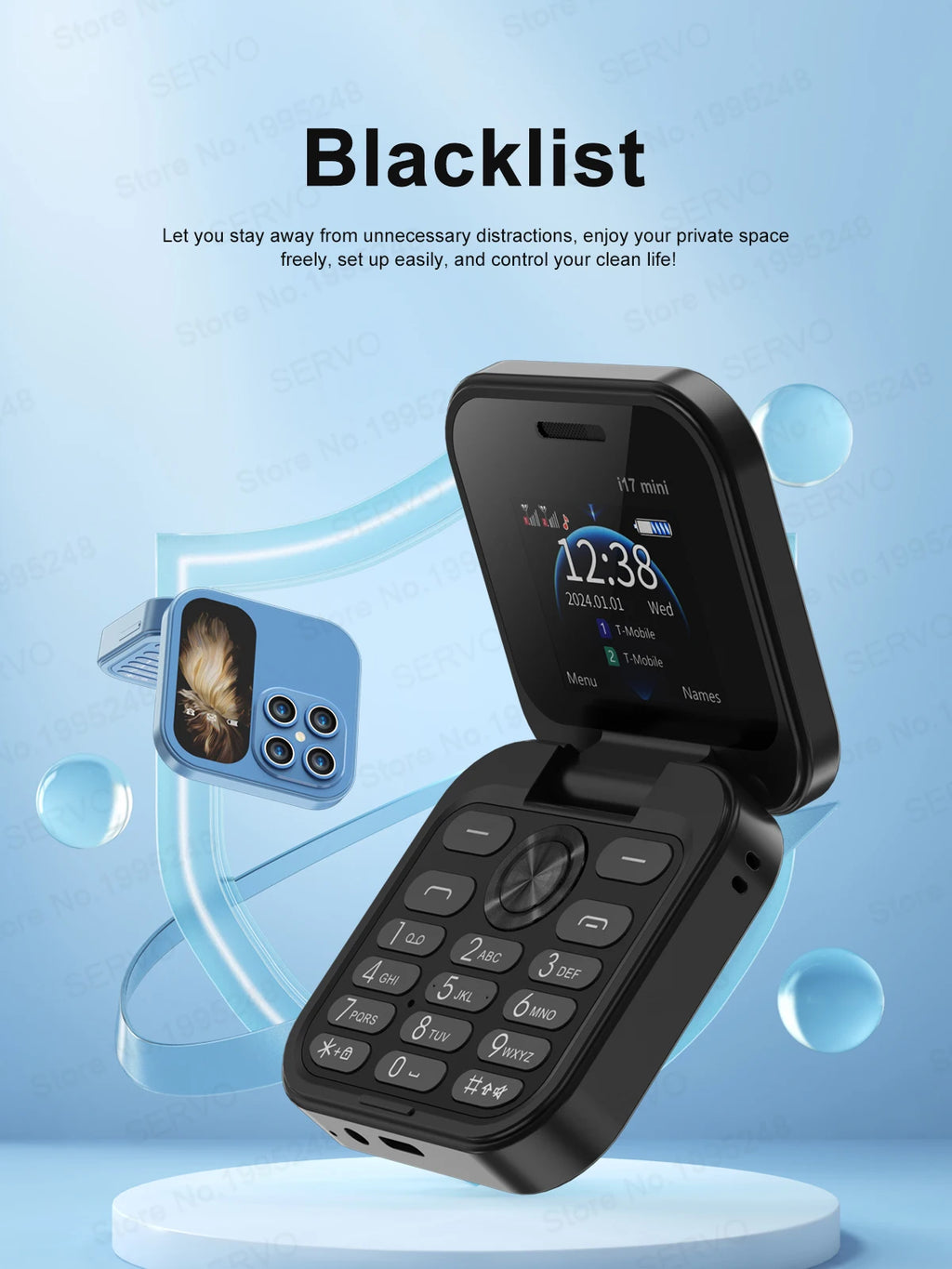 SERVO i17 Mini Telefono Pieghevole Dual SIM 2G – Schermo 1,77”, Bluetooth, Radio FM, Torcia, USB-C