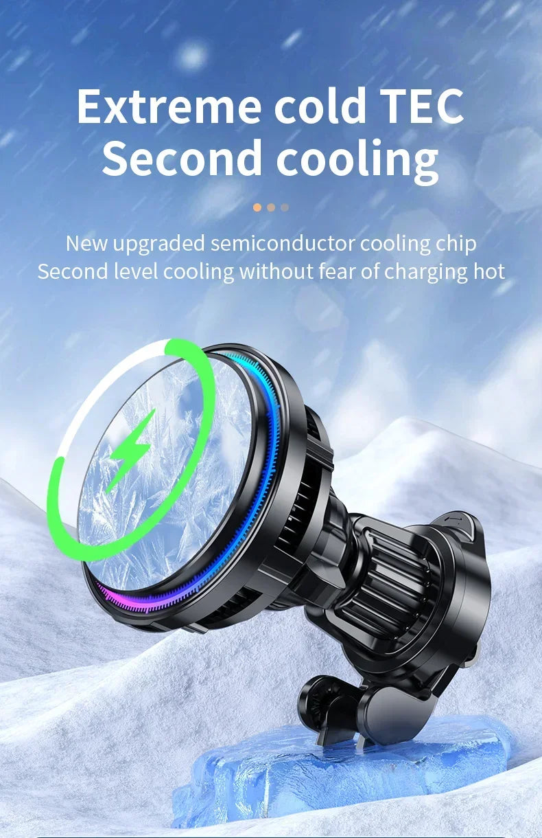 Caricatore Auto Magnetico MagSafe con Raffreddamento Ice Cooling – iPhone 12 / 13 / 14 / 15 / 16 Pro Max, Supporto con Luci RGB