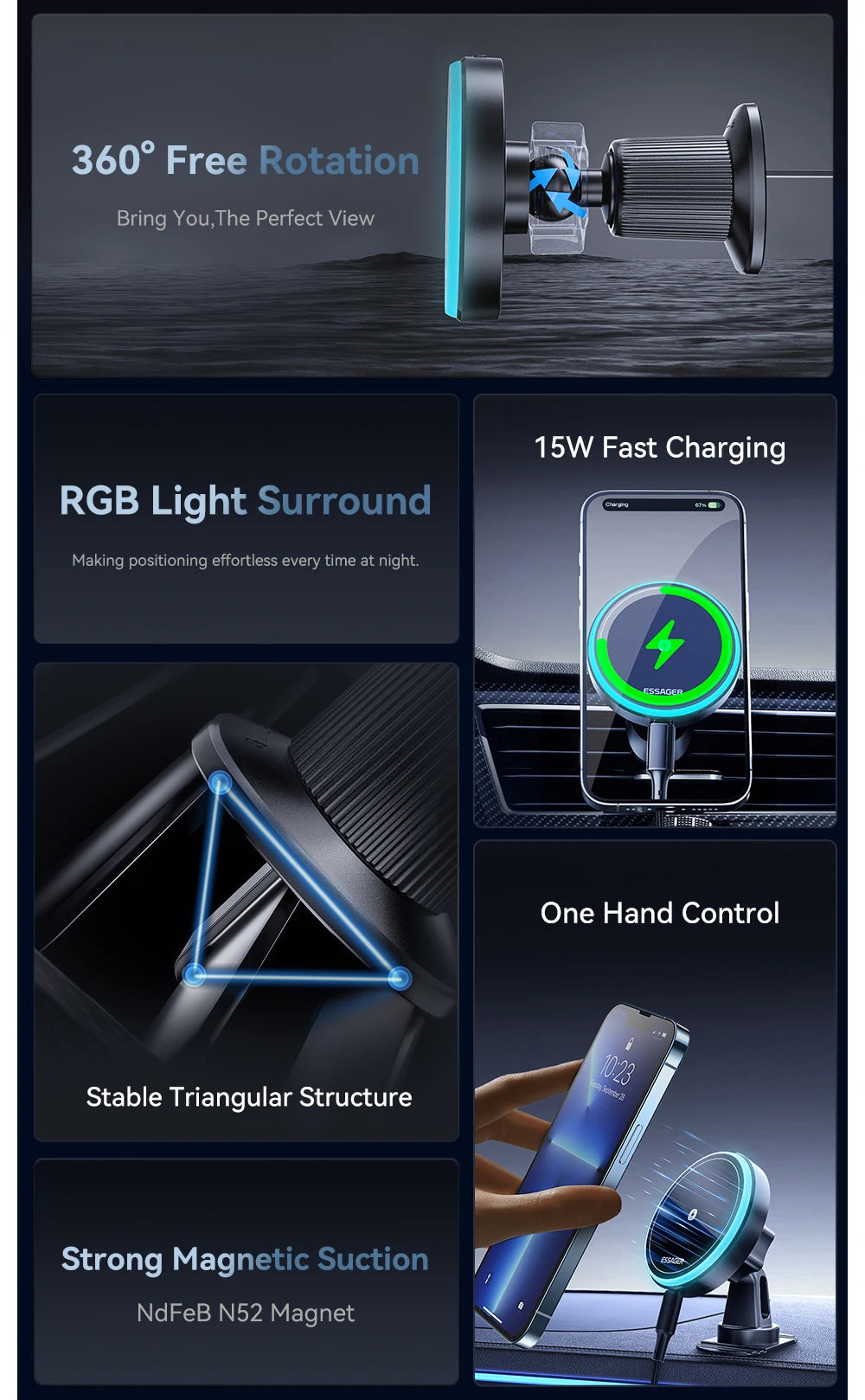 Supporto Auto Magnetico MagSafe 15W con Carica Wireless – Per iPhone 17 16 15 14 | Luce LED