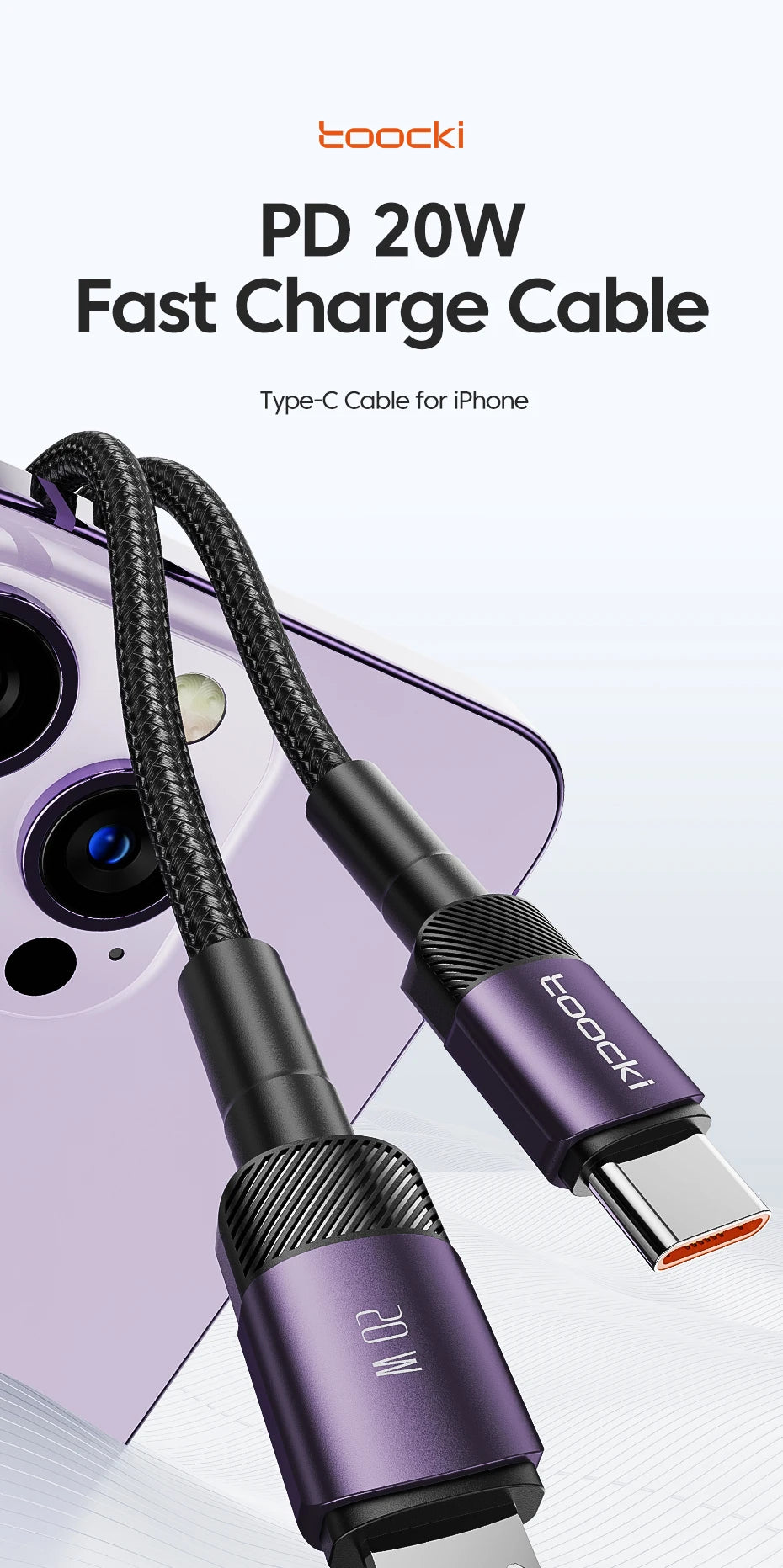 Cavo Toocki USB-C a Lightning PD 20W per iPhone 15 14 13 12 11 Pro XS 8 – Ricarica Rapida e Trasferimento Dati