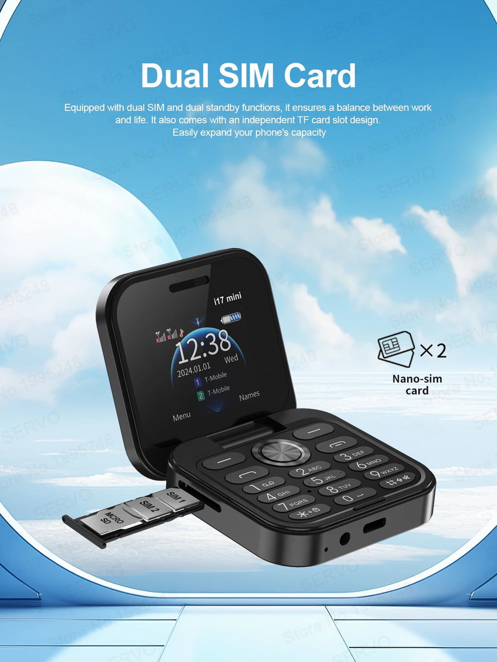 SERVO i17 Mini Telefono Pieghevole Dual SIM 2G – Schermo 1,77”, Bluetooth, Radio FM, Torcia, USB-C