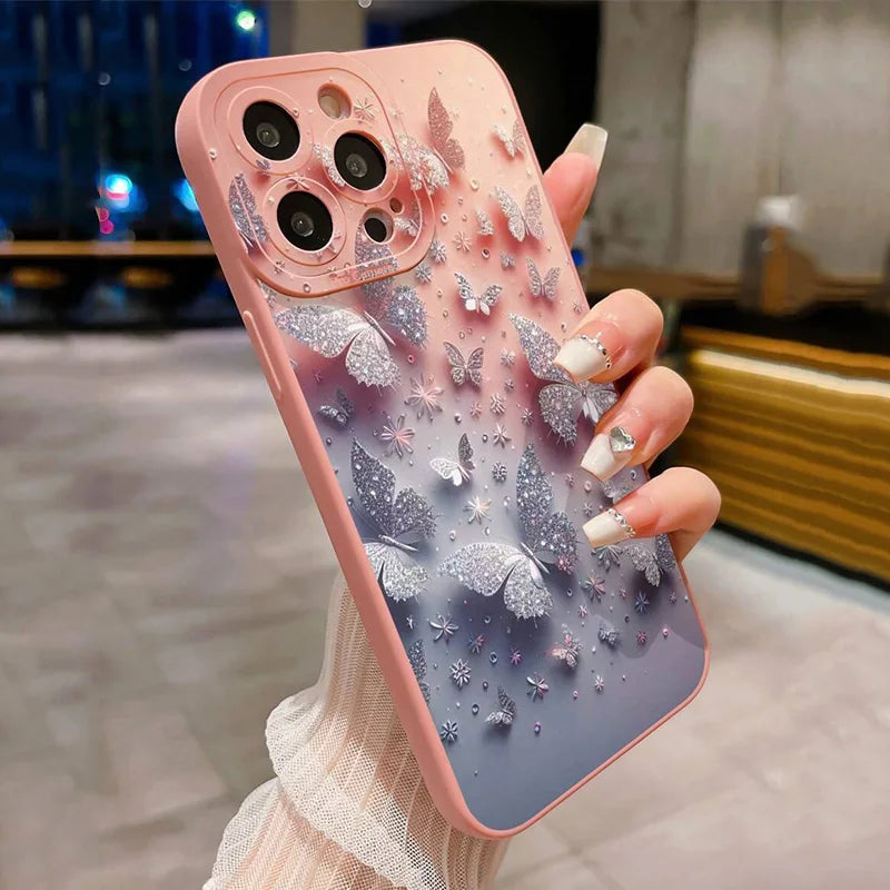 Cover Antiurto Farfalle e Fiori per iPhone 11 12 13 14 15 16 17 Air Pro Max 16E XR XS X 7 8 Plus SE2 – Opaca