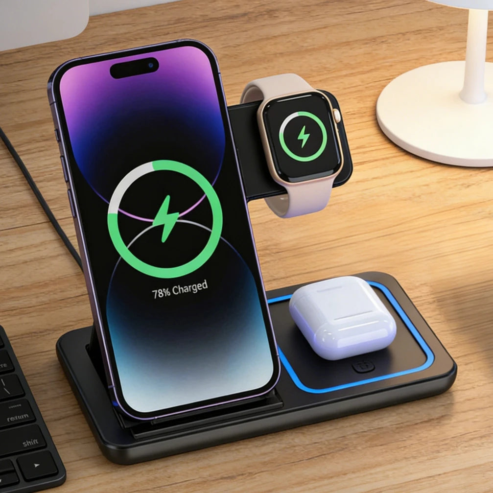 Stazione di Ricarica Wireless 3 in 1 Pieghevole – 15W | iPhone 17-12 + Apple Watch + AirPods