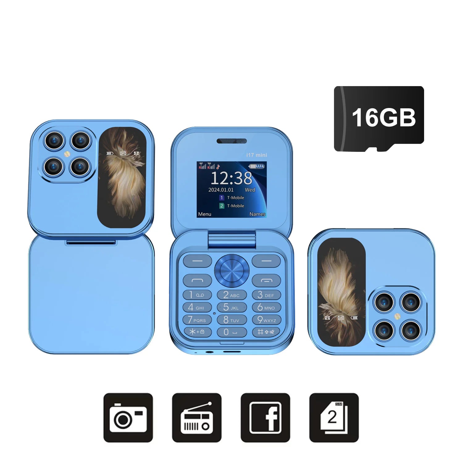 SERVO i17 Mini Telefono Pieghevole Dual SIM 2G – Schermo 1,77”, Bluetooth, Radio FM, Torcia, USB-C