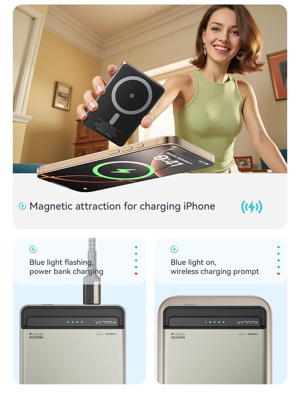 KUULAA Power Bank Magnetico 10000mAh – Ricarica Wireless 15W + Cablata 20W per iPhone 16 15 14 Pro Max MagSafe
