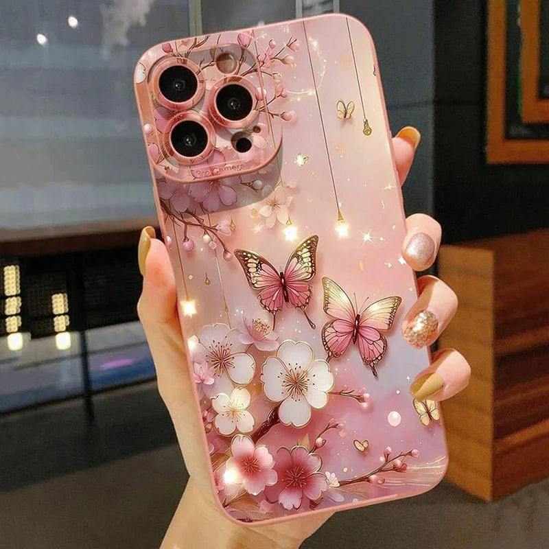 Cover Antiurto Farfalle e Fiori per iPhone 11 12 13 14 15 16 17 Air Pro Max 16E XR XS X 7 8 Plus SE2 – Opaca