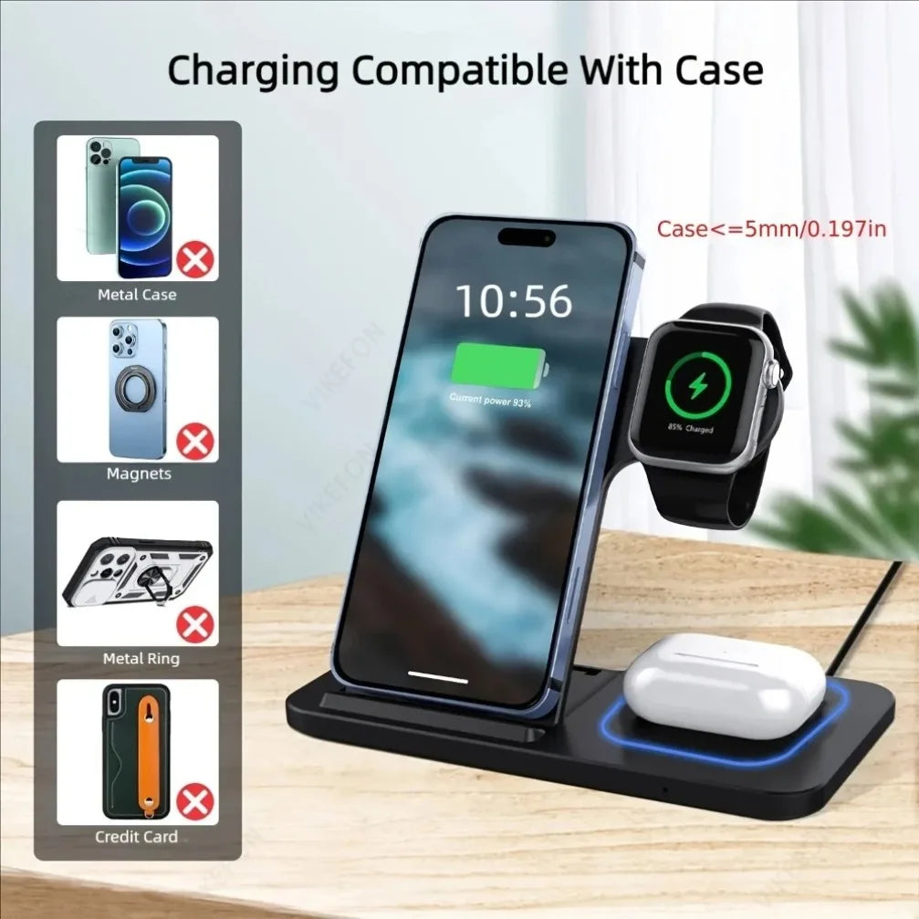 Stazione di Ricarica Wireless 3 in 1 Pieghevole – 15W | iPhone 17-12 + Apple Watch + AirPods