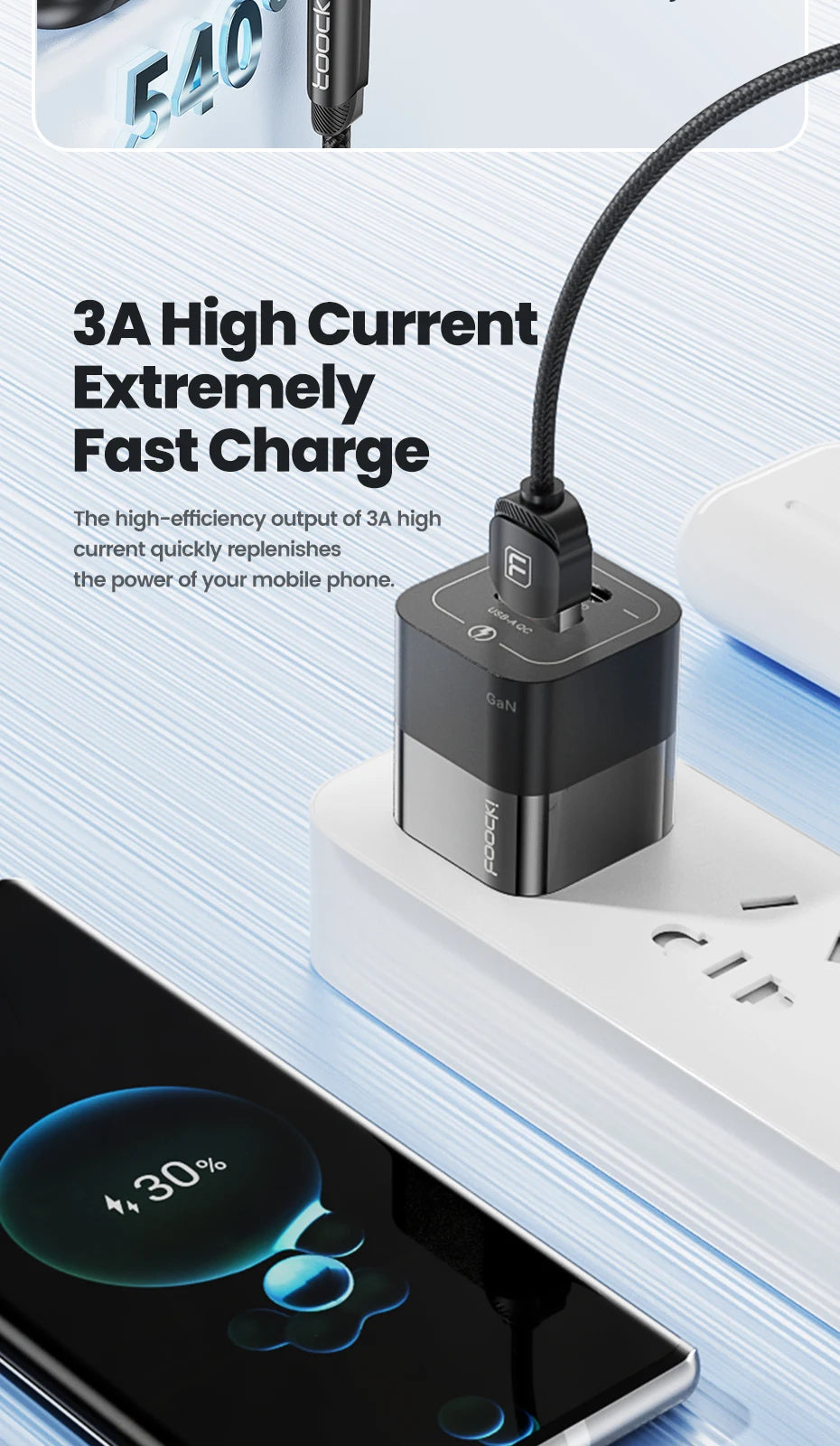 Cavo Magnetico Toocki 540° Rotante – Ricarica Rapida 3A | USB-C, Lightning, Micro USB | 1m o 2m