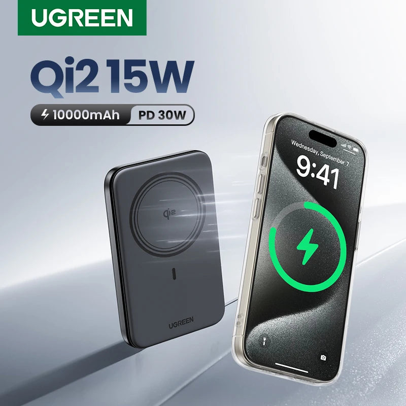 UGREEN Power Bank Magnetico 10000mAh Qi2 – Ricarica Wireless 15W + Cablata 30W/20W per iPhone 17 16 15 Pro Max