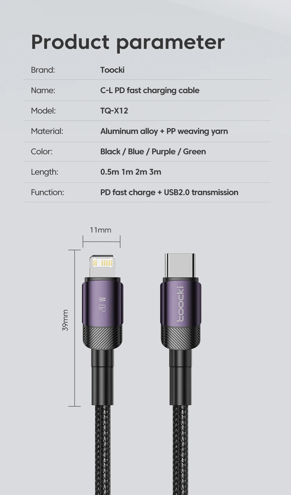 Cavo Toocki USB-C a Lightning PD 20W per iPhone 15 14 13 12 11 Pro XS 8 – Ricarica Rapida e Trasferimento Dati