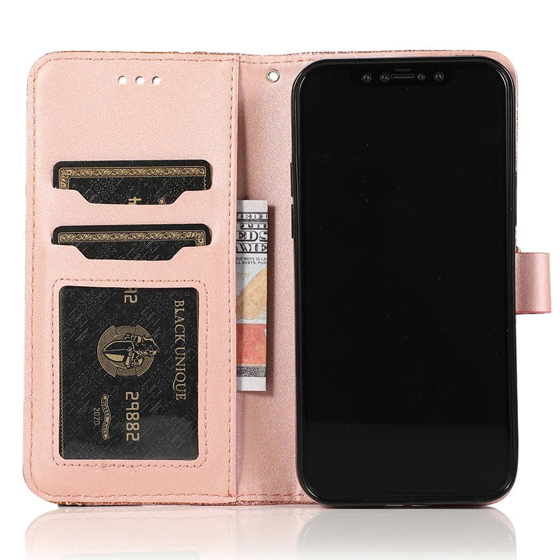 Custodia Shiny con Portafoglio per iPhone 17 ProMax Air 16E 15 Plus 14 13 Pro Max 12 Mini 11 Pro XR XS Max – Cover Flip in Pelle con Glitter