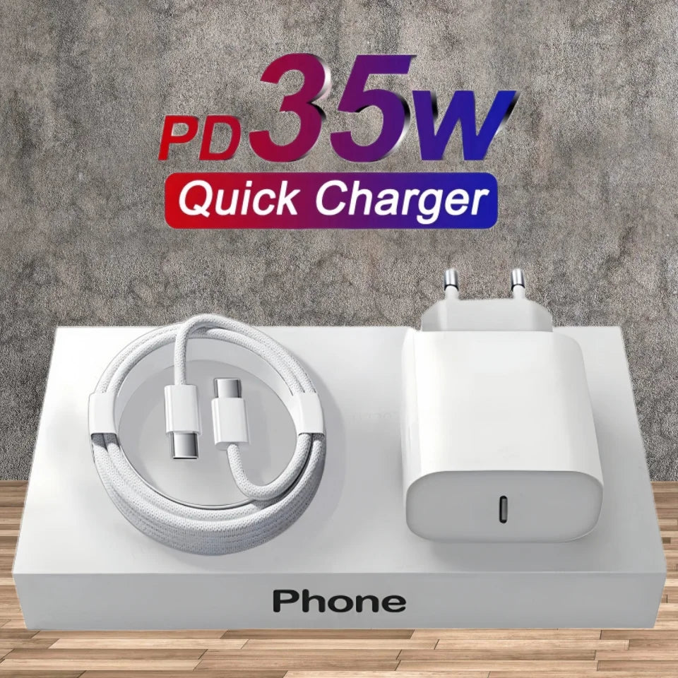 Caricatore USB-C PD 35W Ricarica Rapida per iPhone 15 14 13 12 11 Pro Max – Kit 2in1 con Cavo